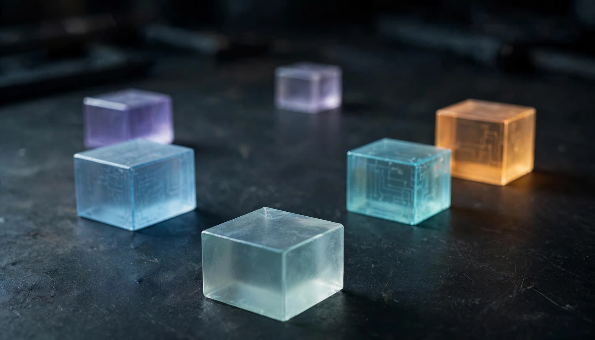 Several translucent colored blocks representing software modules arranged on a dark workbench.
